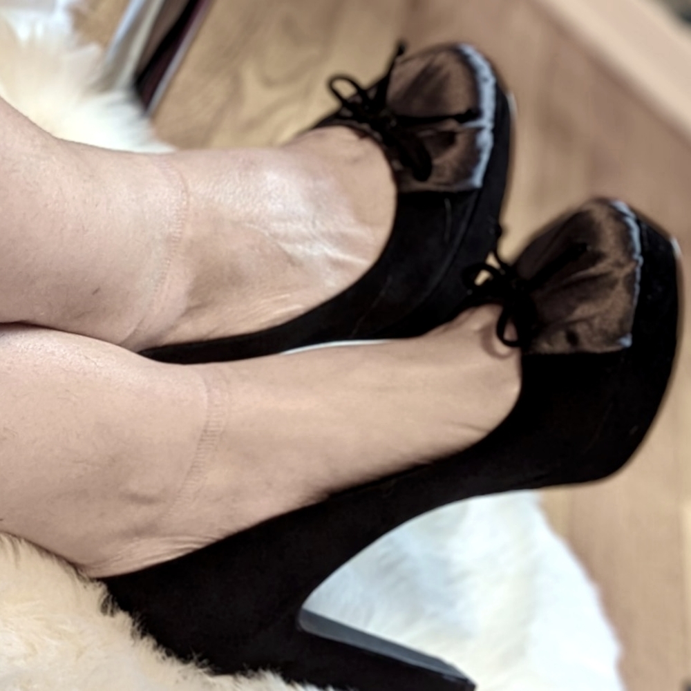 Beautiful suede and satin platform pumps.